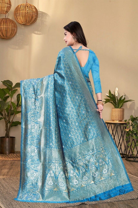 Sky Blue Banarsi Soft Silk Saree With Contrast Running Blouse