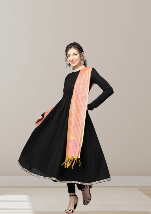 Black Pure Cotton Long Salwar Kameez With Dupatta