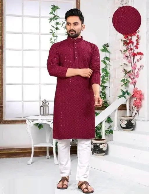 Maroon Men's Heavy Rayon Kurta With Pajama