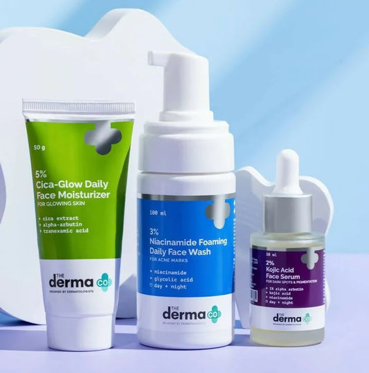 The Derma Co Pigmentation Treatment Kit -Kit (5 % Cica - Glow Daily Face Moisturizer:-50 gm 3 % Niacinamide Foaming Daily Face Wash:- 100 ml 2 % Kojic Acid Face Serum :-30 ml)