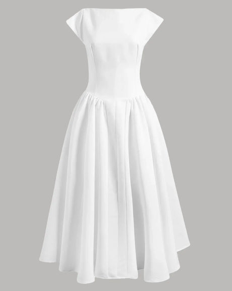 Cap Sleeve Fit & Flare A-Line Midi Dress in White