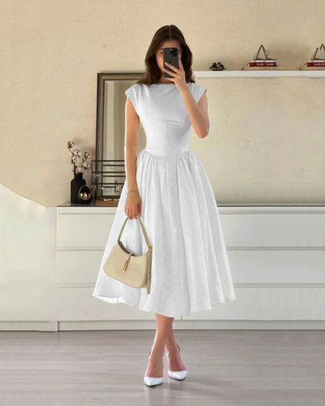 Cap Sleeve Fit & Flare A-Line Midi Dress in White