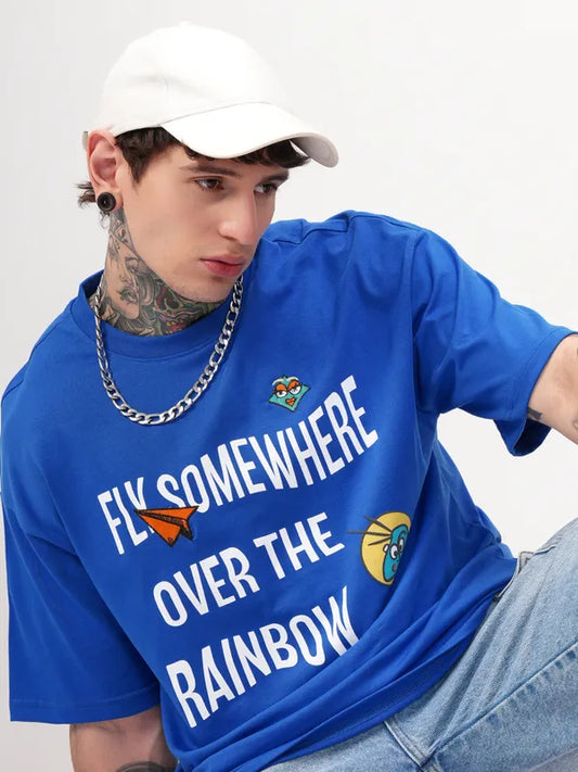 Men Blue Printed Round Neck Oversized Fit T-Shirt
