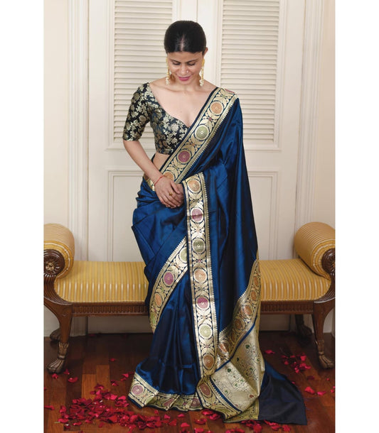 Navy Blue Soft Lichi Silk Jacquard Border Saree With Blouse