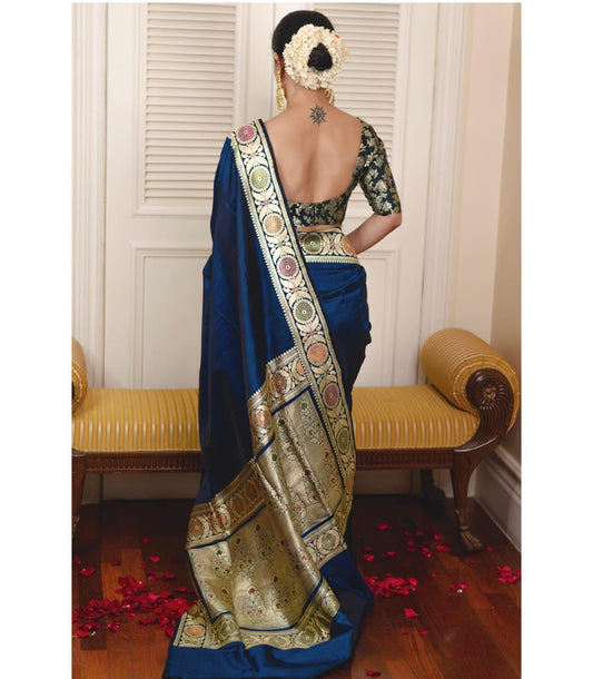 Navy Blue Soft Lichi Silk Jacquard Border Saree With Blouse