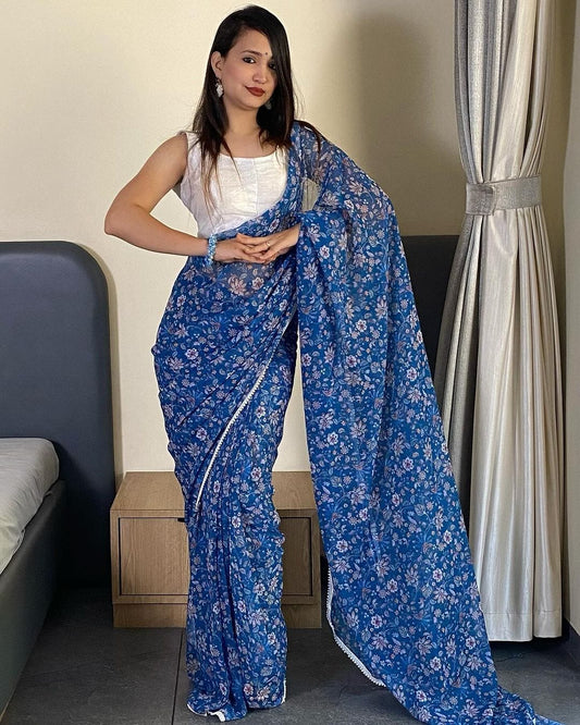 Blue Pure Soft Georgette Silk Ready To Wear Saree