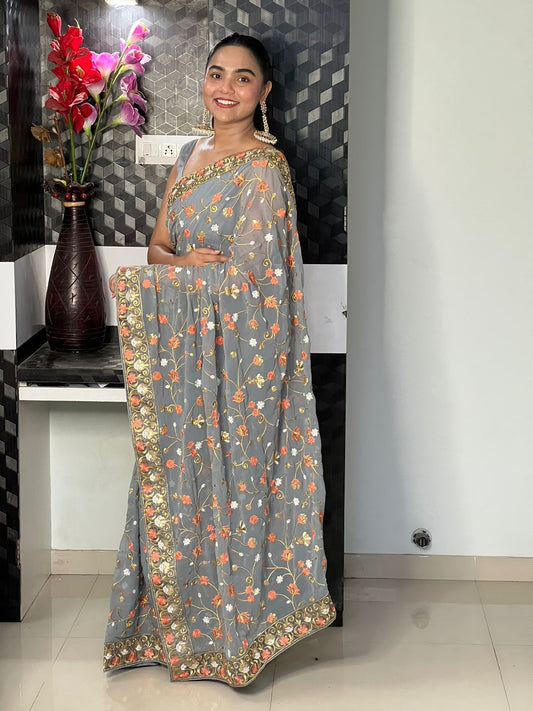 Grey Georgette With Zari & Sequence Work Saree