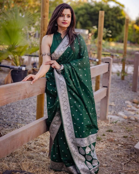 Green Soft Lichi Silk Jacquard Work Saree