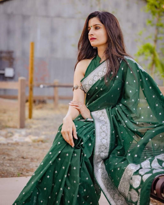 Green Soft Lichi Silk Jacquard Work Saree