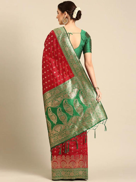 Red Banarsi Soft Silk Saree With Blouse