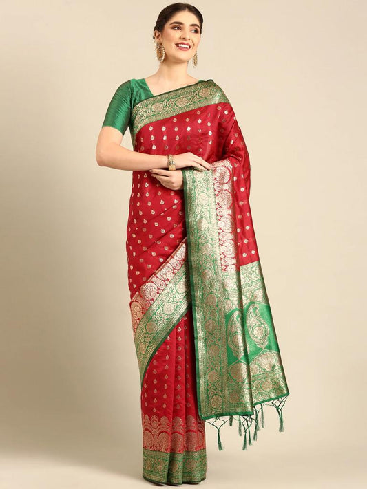 Red Banarsi Soft Silk Saree With Blouse