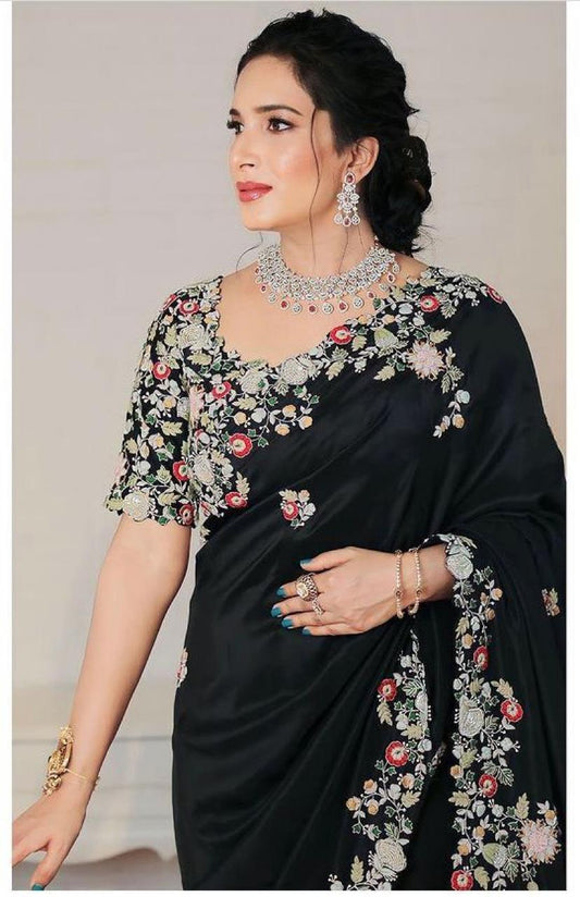 Black Georgette Embroidery Work Saree With Blouse