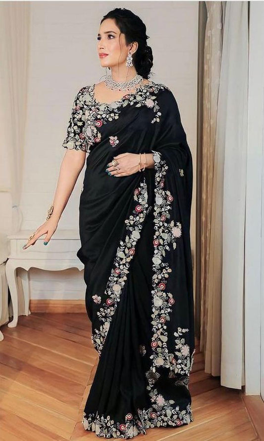 Black Georgette Embroidery Work Saree With Blouse