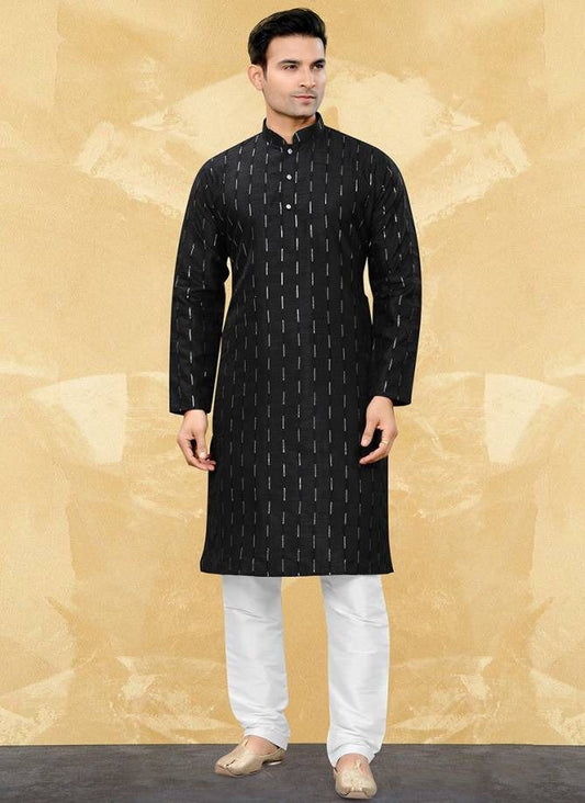 Black Art Silk with Sequence Work Men's Kurta