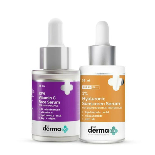 The Derma Co Hello Glowing Skin -combo (10% Vitamin C Face Serum:-30 ml 1 % Hyaluronic Sunscreen Serum:- 30 ml)