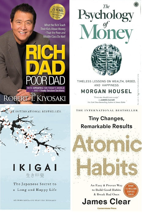 4 Book Set Rich Dad Poor Dad, The Psychology of Money, Atomic Habits+ Ikigai PB