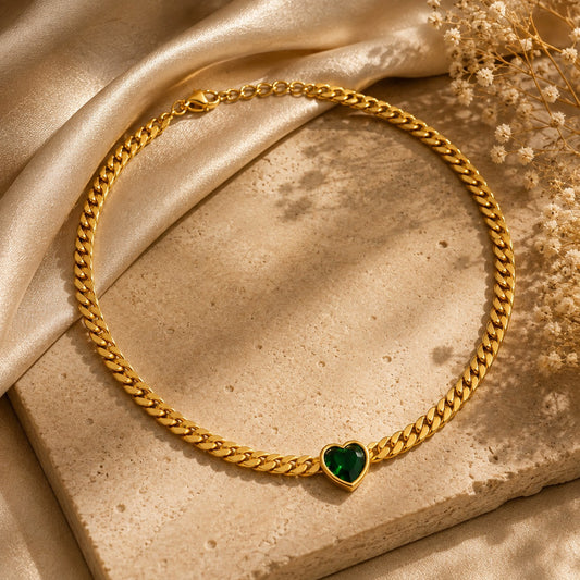 Stainless Steel Anti-Tarnish Green Heart Necklace | Gold Cuban Chain Pendant