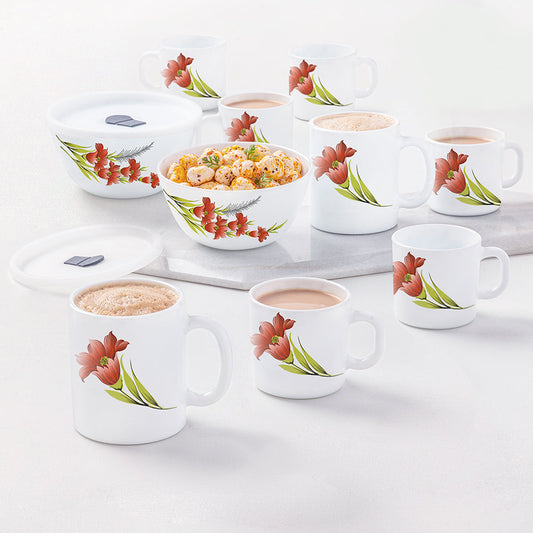 Larah by Borosil Red Iris Snack Set w Mugs