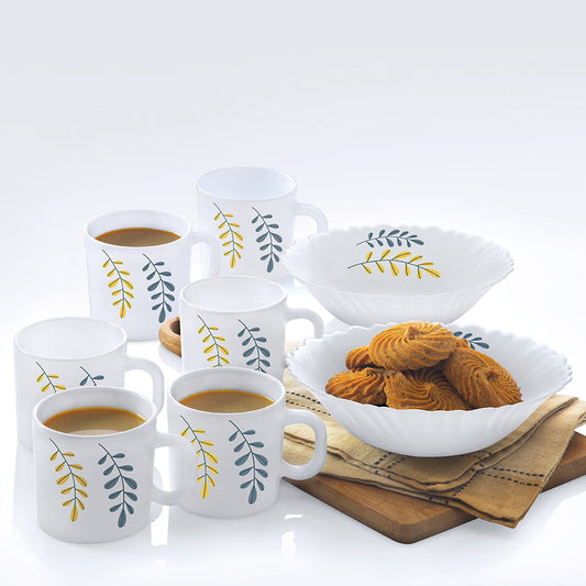 Larah by Borosil, Opalware Niva Snack Set With Mugs, White