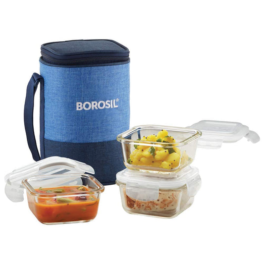 Borosil Prime Glass Lunchbox, Square x 3