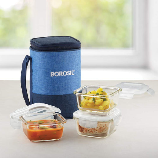 Borosil Prime Glass Lunchbox, Square x 3