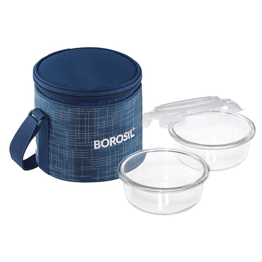 Borosil Indigo Glass Lunchbox, Round x 2 (Tall Bag)