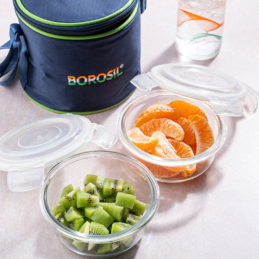 Borosil Pride Glass Lunch Box, Round x 2 (Tall Bag)