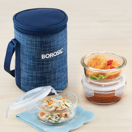 Borosil Indigo Glass Lunch Box, 3 Round