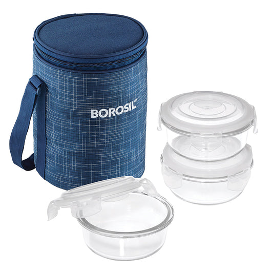 Borosil Indigo Glass Lunch Box, 3 Round