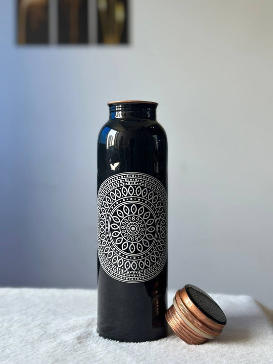 Black White Charkra Copper Water Bottle - 1 Ltr