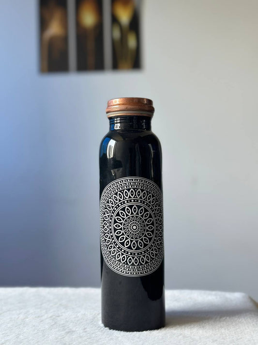 Black White Charkra Copper Water Bottle - 1 Ltr