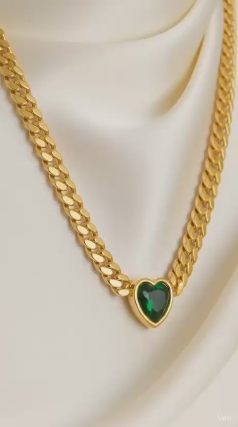 Stainless Steel Anti-Tarnish Green Heart Necklace | Gold Cuban Chain Pendant