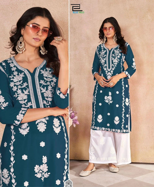 Heavy Rayon With Embroidery Work Long Kurti With Palazzo For Women's 13-IN