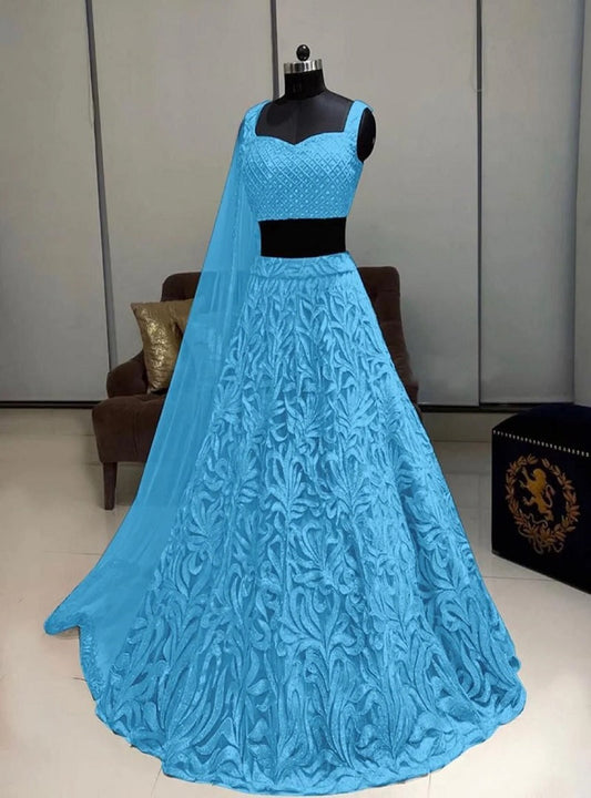 Sky Blue Net With Embroidery Work Lengha Choli Designer Bridal Wear Lehenga Blouse Dupatta MA