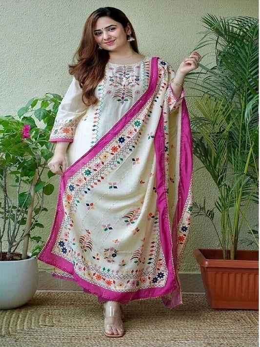Women White Muslin Ethnic Printed Kurti with Bottom Dupatta Suit AD