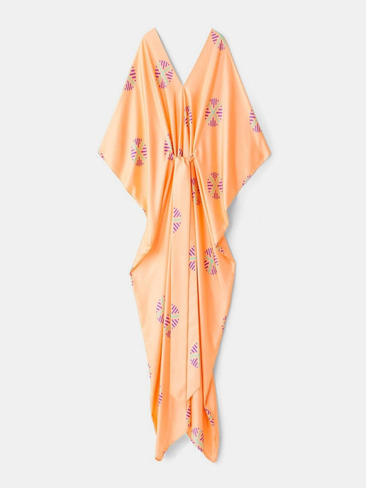 Peach Color V-Neck Belt Style Women Satin Silk Printed Kaftan J5632