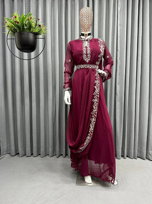 Plum Color Georgette Anarkali Suit Thred Sequence Work Long Gown With Belt And Dupatta Dress KY
