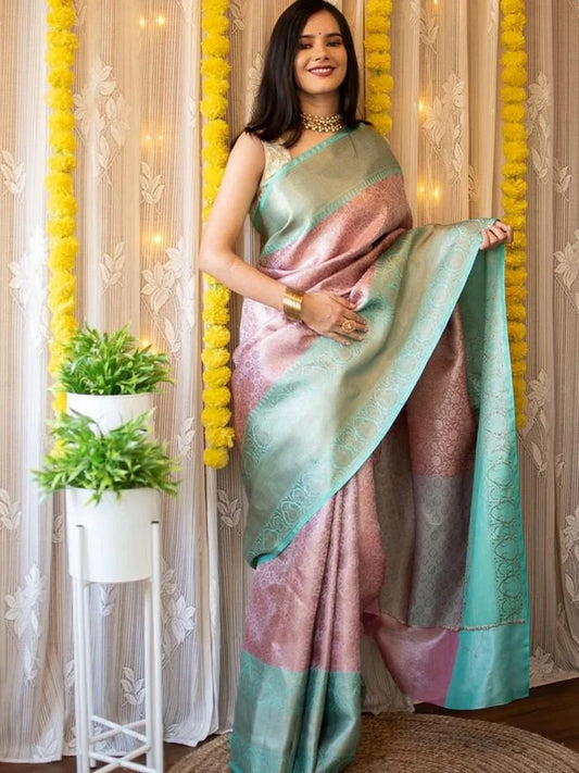 Soft Lichi Silk Jacquard Waving Work With Gold Zari Waving Saree