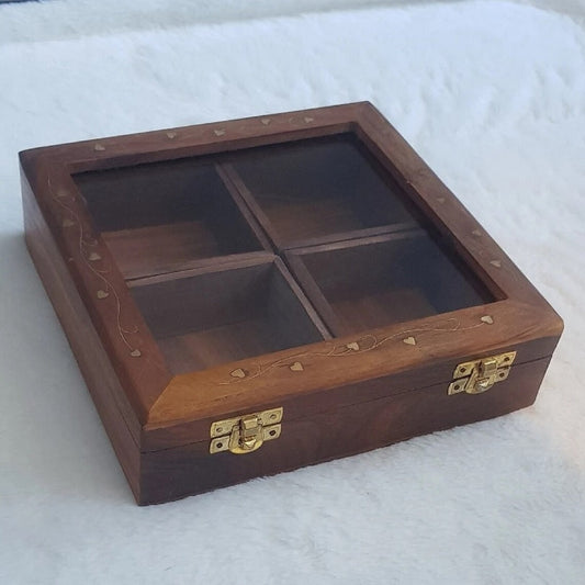 Decorative Teak Wooden Spices Box Massala Box With Mirror Lid & Lock Square Namak Dani