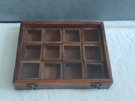 Wooden Multi-Compartment Storage Box Multipurpose Table Top Glass Lid on Top Box Spice box Dry Fruit Box