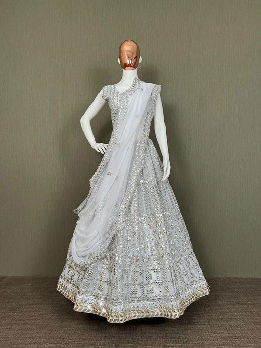 White Georgette Embroidery Work Lehenga Choli With Dupatta