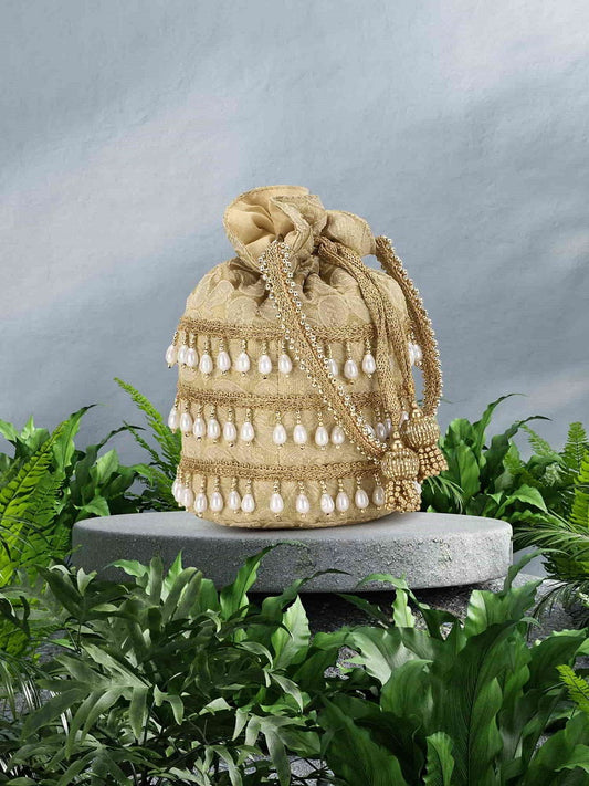Gold & White Paisely Printed Embellished Brocade Potli Bag