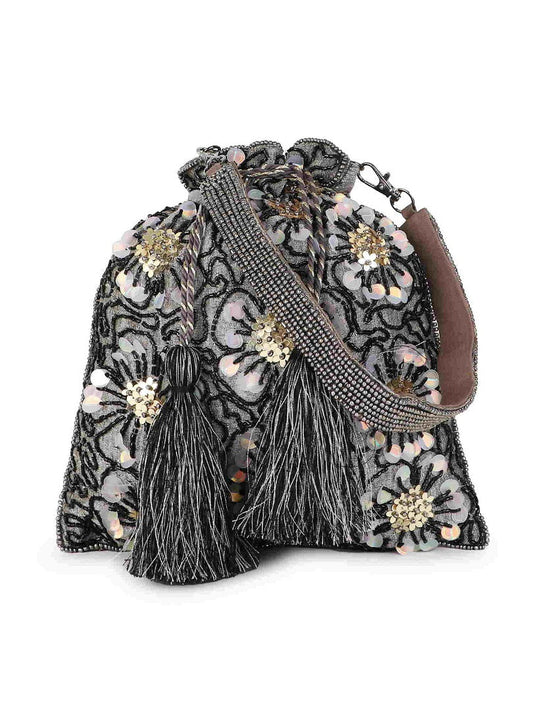 Grey, Black & Gold Floral Embellished Faux Silk Potli