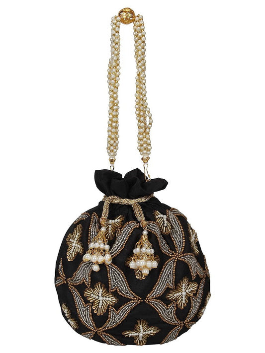 Embellished Faux Silk Potli Bag Black & Copper