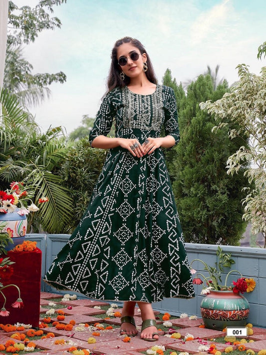 Heavy Rayon Gold With Khadi Print Embroidery Work Gown Collection 13-SR7