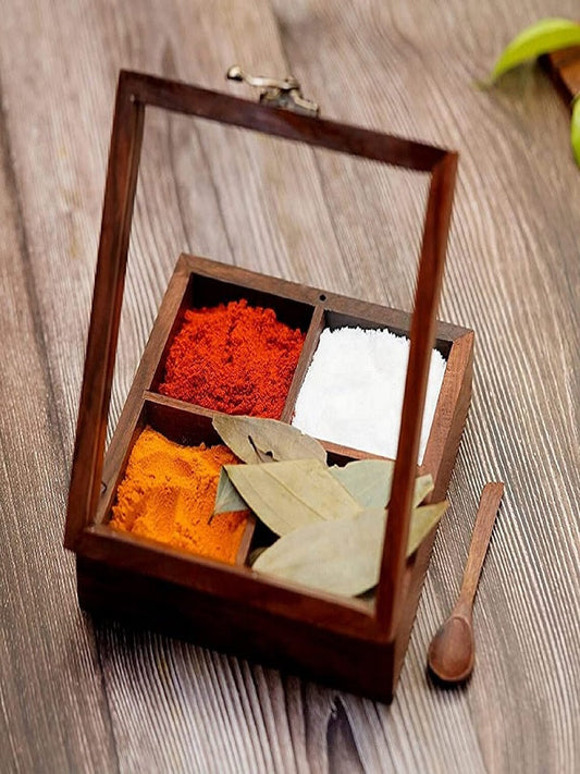 Wooden Square Spice Box With 4 Partitions & Spoon