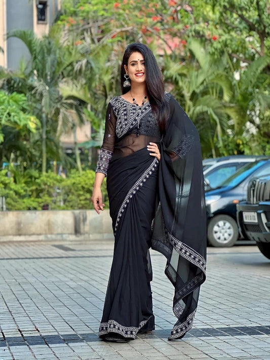 Black Georgette Embroidery Work Saree