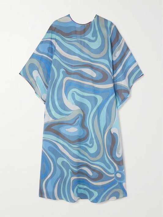 Marmo-Print Lewish Cotton Kaftan Dress J5697