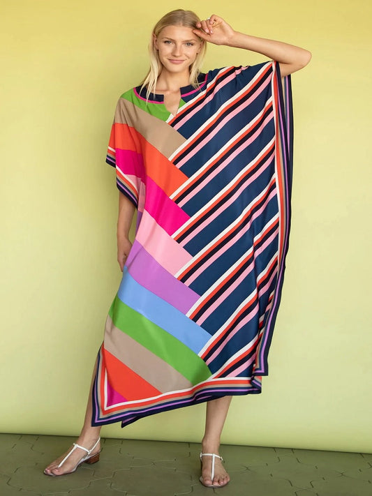 Stylish Beach Wear Colorful Striped Printed Women Kaftan J5704