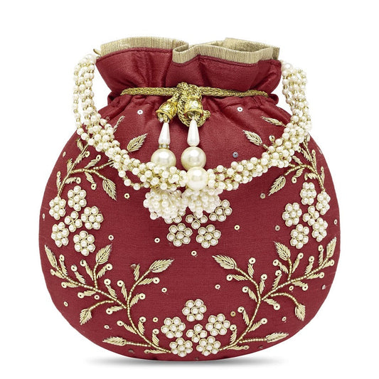 Maroon Embroidered Women Potli bag